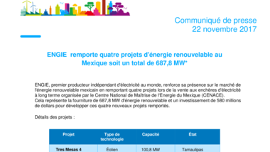 ENGIE remporte quatre projets d'énergie renouvelable au Mexique soit un total de 687,8 MW