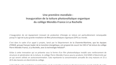 Une première mondiale : Inauguration de la toiture photovoltaïque organique du collège Mendès-France à La Rochelle