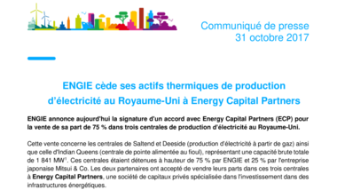 ENGIE cède ses actifs thermiques de production d’électricité au Royaume-Uni à Energy Capital Partners