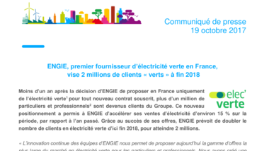 ENGIE, premier fournisseur d’électricité verte en France, vise 2 millions de clients « verts » à fin 2018