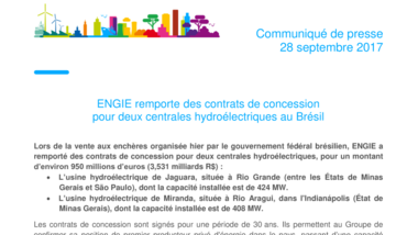ENGIE remporte des contrats de concession pour deux centrales hydroélectriques au Brésil