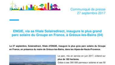 ENGIE, via sa filiale Solairedirect, inaugure le plus grand parc solaire du Groupe en France, à Gréoux-les-Bains (04)