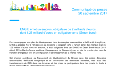 ENGIE émet un emprunt obligataire de 2 milliards d’euros, dont 1,25 milliard d’euros en obligation verte (Green bond)