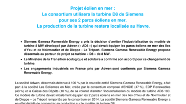 Projet éolien en mer : Le consortium utilisera la turbine D8 de Siemens pour ses 2 parcs éoliens en mer. La production de la turbine restera localisée au Havre..pdf