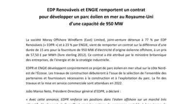 EDP Renováveis et ENGIE remportent un contrat pour développer un parc éolien en mer au Royaume-Uni d’une capacité de 950 MW