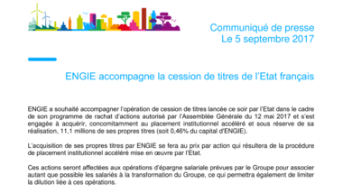 ENGIE accompagne la cession de titres de l’Etat français
