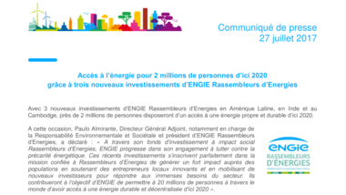 Accès à l’énergie pour 2 millions de personnes d’ici 2020 grâce à trois nouveaux investissements d’ENGIE Rassembleurs d’Energies