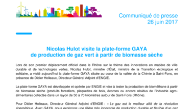 Nicolas Hulot visite la plate-forme GAYA de production de gaz vert à partir de biomasse sèche