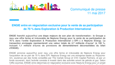 ENGIE entre en négociation exclusive pour la vente de sa participation de 70 % dans Exploration & Production International