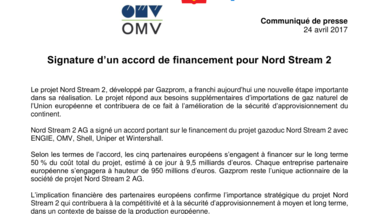 Signature d’un accord de financement pour Nord Stream 2