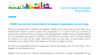 ENGIE poursuit sa transformation et adapte l'organisation de son siège