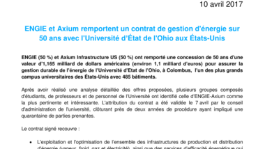 ENGIE et Axium remportent un contrat de gestion d'énergie sur 50 ans avec l'Université d’État de l'Ohio aux États-Unis