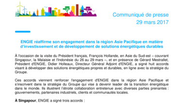 ENGIE réaffirme son engagement dans la région Asie Pacifique en matière d’investissement et de développement de solutions énergétiques durables