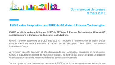 ENGIE salue l’acquisition par SUEZ de GE Water & Process Technologies