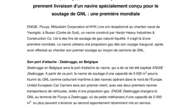 ENGIE, Fluxys, Mitsubishi Corporation et NYK prennent livraison d'un navire spécialement conçu pour le soutage de GNL : une première mondiale