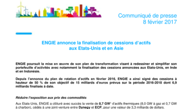 ENGIE annonce la finalisation de cessions d’actifs aux Etats-Unis et en Asie