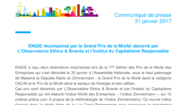 ENGIE récompensé par le Grand Prix de la Mixité1 décerné par L’Observatoire Ethics & Boards et l’Institut du Capitalisme Responsable
