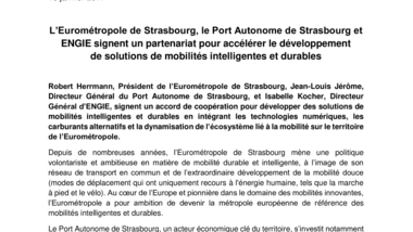 L’Eurométropole de Strasbourg, le Port Autonome de Strasbourg et ENGIE signent un partenariat pour accélérer le développement de solutions de mobilités intelligentes et durables