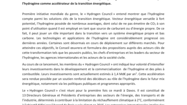 Lancement à Davos du « Hydrogen Council » : 13 leaders industriels mondiaux s’unissent pour promouvoir l'hydrogène en vue d’atteindre les objectifs liés aux changements climatiques
