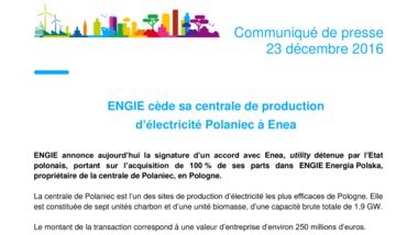 ENGIE cède sa centrale de production d’électricité Polaniec à Enea