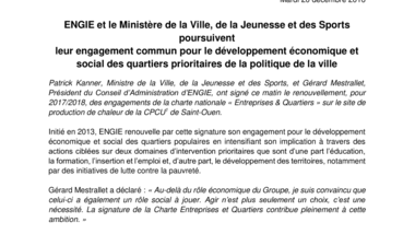 ENGIE et le Ministère de la Ville, de la Jeunesse et des Sports poursuivent leur engagement commun pour le développement économique et social des quartiers prioritaires de la politique de la ville