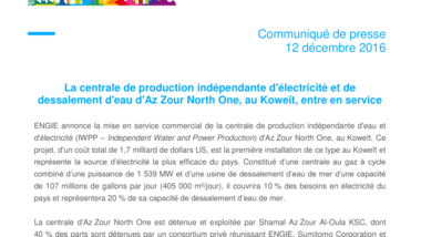 La centrale de production indépendante d'électricité et de dessalement d'eau d'Az Zour North One, au Koweït, entre en service