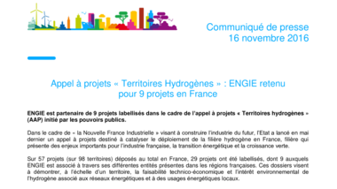 Appel à projets « Territoires Hydrogènes » - ENGIE retenu pour 9 projets en France