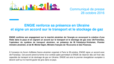 ENGIE renforce sa présence en Ukraine et signe un accord sur le transport et le stockage de gaz
