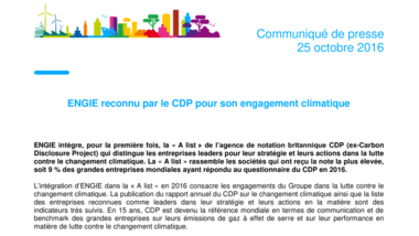 ENGIE reconnu par le CDP pour son engagement climatique