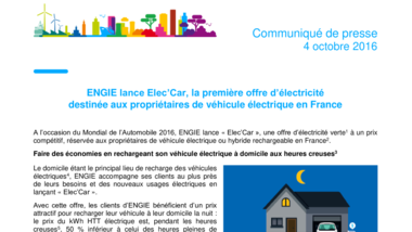 ENGIE lance Elec’Car, la première offre d’électricité destinée aux propriétaires de véhicule électrique en France