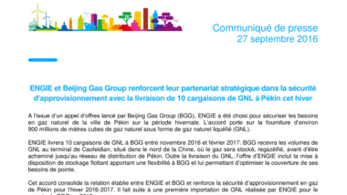 ENGIE et Beijing Gas Group renforcent leur partenariat stratégique dans la sécurité d’approvisionnement avec la livraison de 10 cargaisons de GNL à Pékin cet hiver