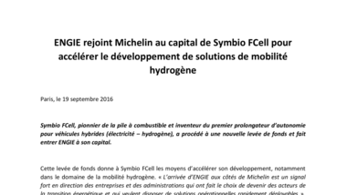 ENGIE rejoint Michelin au capital de Symbio FCell pour accélérer le développement de solutions de mobilité hydrogène