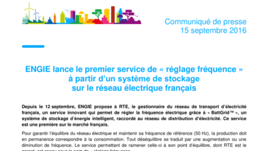 ENGIE lance le premier service de « réglage fréquence » à partir d’un système de stockage sur le réseau électrique français