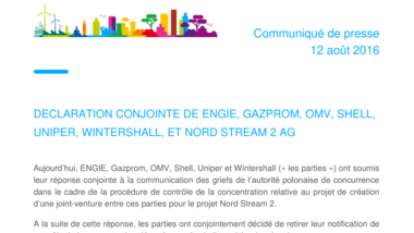Déclaration conjointe de ENGIE, GAZPROM, OMV, SHELL, UNIPER, WINTERSHALL et NORD STREAM 2 AG