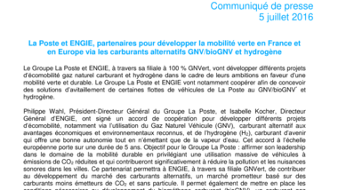 La Poste et ENGIE, partenaires pour développer la mobilité verte en France et en Europe via les carburants alternatifs GNV-bioGNV et hydrogène