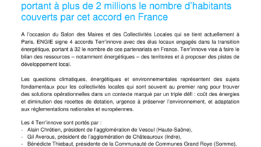 ENGIE signe 4 Terr’innove portant à plus de 2 millions le nombre d’habitants couverts par cet accord en France