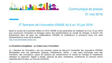 2e Semaine de l’innovation ENGIE du 6 au 10 juin 2016