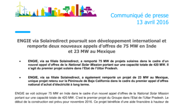 ENGIE via Solairedirect poursuit son développement international et remporte deux nouveaux appels d’offres de 75 MW en Inde et 23 MW au Mexique