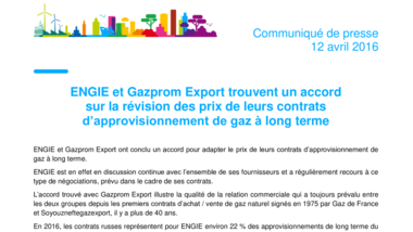 ENGIE et Gazprom Export trouvent un accord sur la révision des prix de leurs contrats d’approvisionnement de gaz à long terme