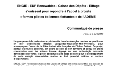 ENGIE, EDP Renewables, Caisse des Dépôts et Eiffage s’unissent pour répondre à l’appel à projets «fermes pilotes éoliennes flottantes» de l’ADEME