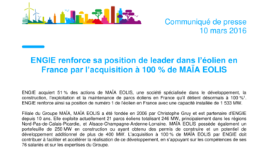 ENGIE renforce sa position de leader dans l’éolien en France par l’acquisition à 100% de MAÏA EOLIS