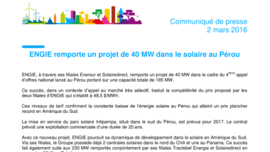 ENGIE remporte un projet de 40 MW dans le solaire au Pérou