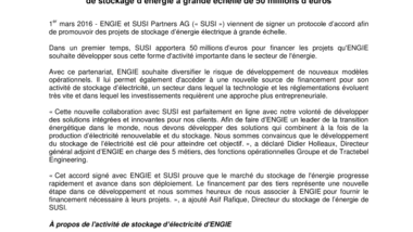 ENGIE et SUSI Partners signent un protocole d’accord pour financer des projets de stockage d’énergie à grande échelle de 50 millions d’euros