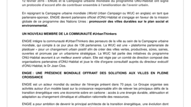 ENGIE et la Campagne urbaine mondiale du programme ONU-Habitat ont signé un protocole d’accord afin de contribuer ensemble à l’amélioration de l’avenir urbain.