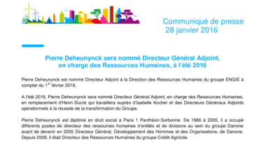 Pierre Deheunynck sera nommé Directeur Général Adjoint, en charge des Ressources Humaines, à l’été 2016