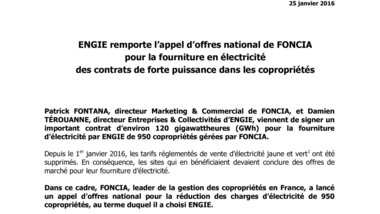 ENGIE remporte l’appel d’offres national de FONCIA pour la fourniture en électricité des contrats de forte puissance dans les copropriétés
