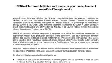 IRENA et Terrawatt Initiative vont coopérer pour un déploiement massif de l’énergie solaire