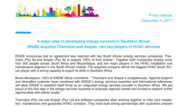 A major step in developing energy services in Southern Africa : ENGIE acquires Thermaire and Ampair, two key players in HVAC services