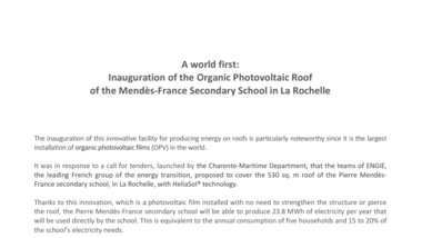 A world first : Inauguration of the Organic Photovoltaic Roof of the Mendès-France Secondary School in La Rochelle