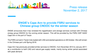 ENGIE’s Cape Ann to provide FSRU services to Chinese group CNOOC for the winter season
